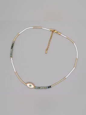 Gold and White Beaded Evil Eye Necklace - Women Jewelry